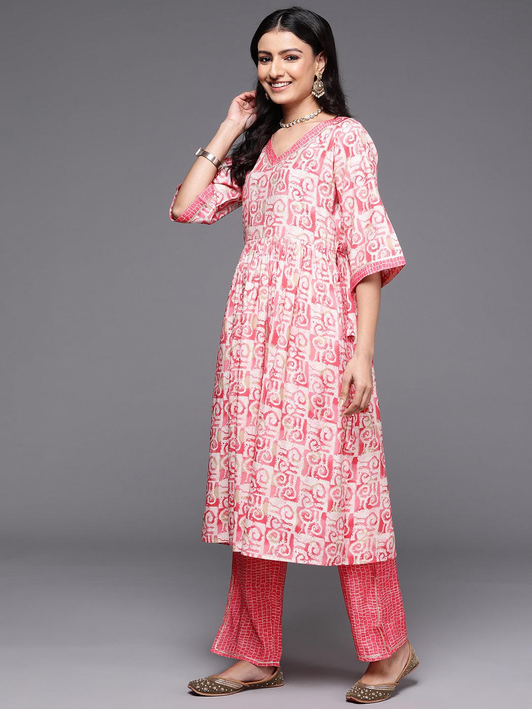 Peach Printed Silk Blend A-Line Kurta With Palazzos & Dupatta - Libas 