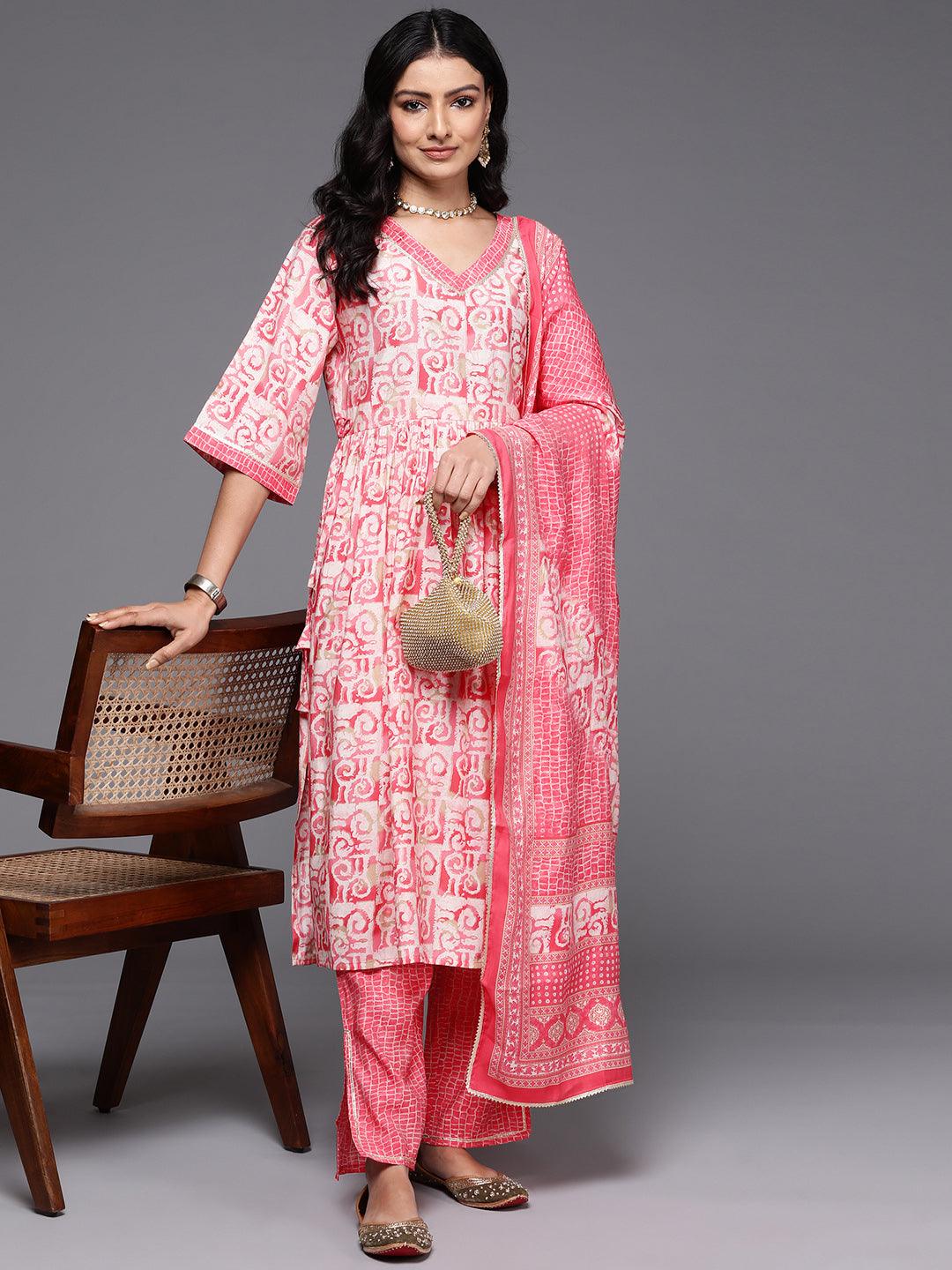 Peach Printed Silk Blend A-Line Kurta With Palazzos & Dupatta - Libas