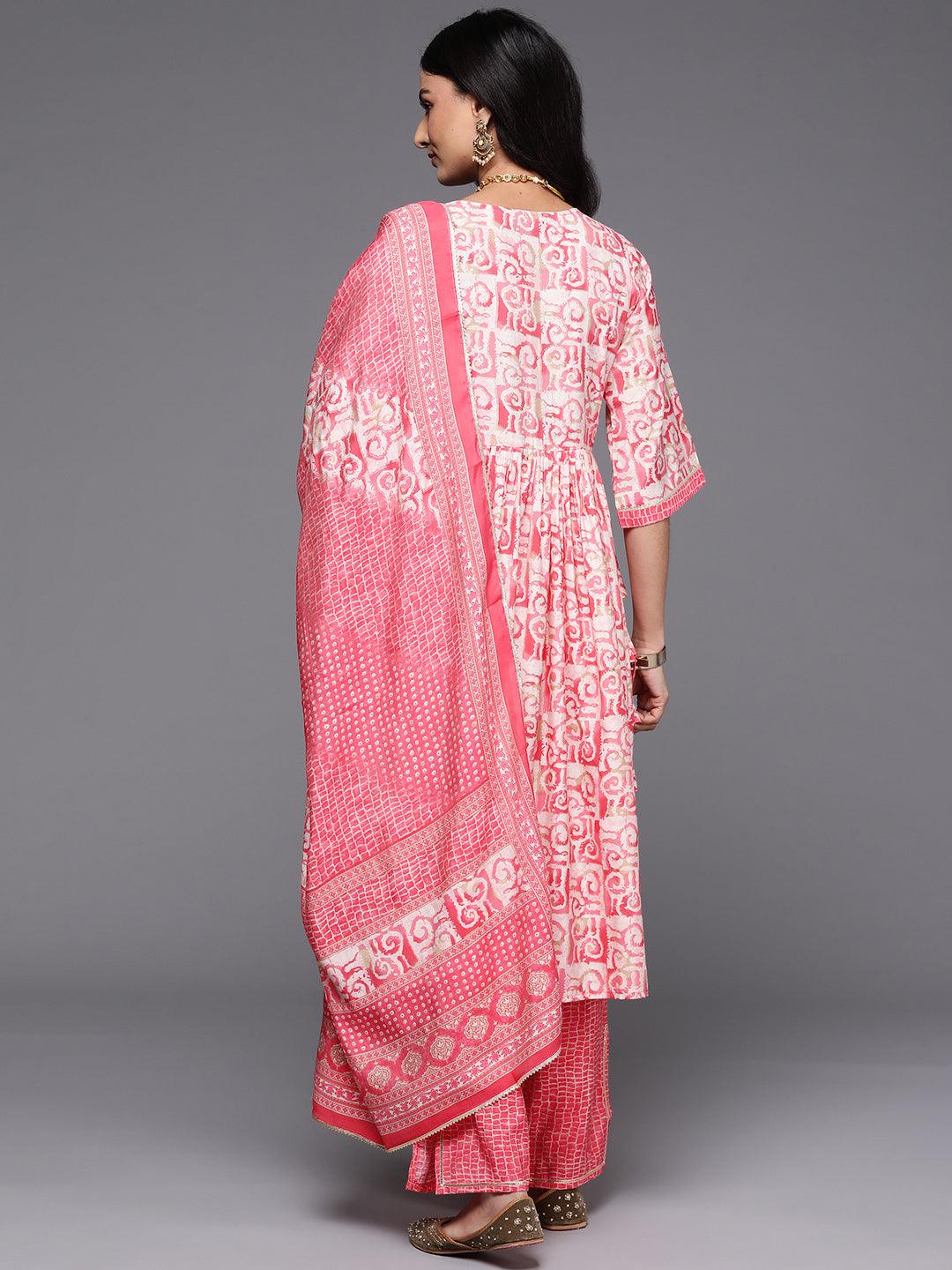 Peach Printed Silk Blend A-Line Kurta With Palazzos & Dupatta - Libas 