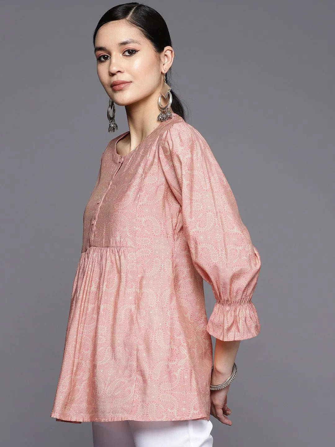 Peach Printed Silk Blend A-Line Kurti - Libas 