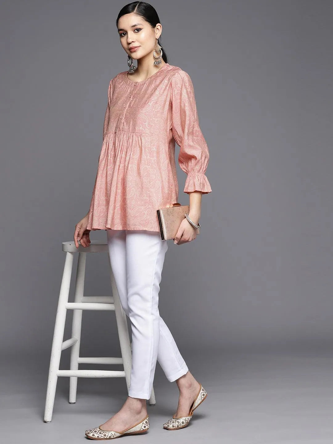 Peach Printed Silk Blend A-Line Kurti - Libas 