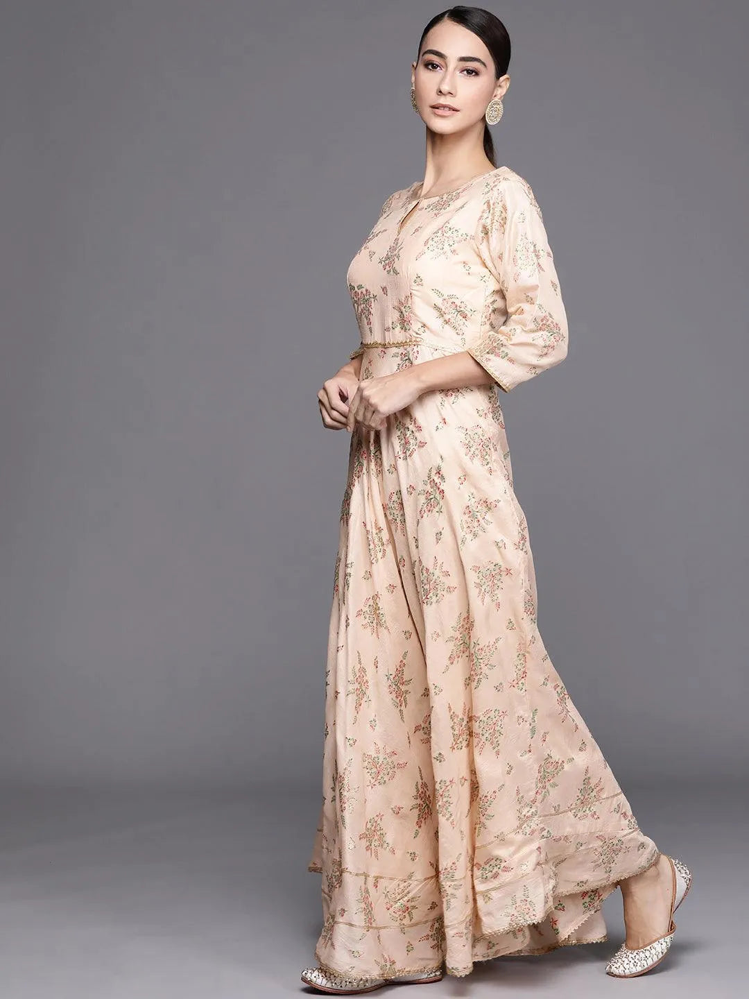 Peach Printed Silk Blend Dress With Dupatta - Libas 