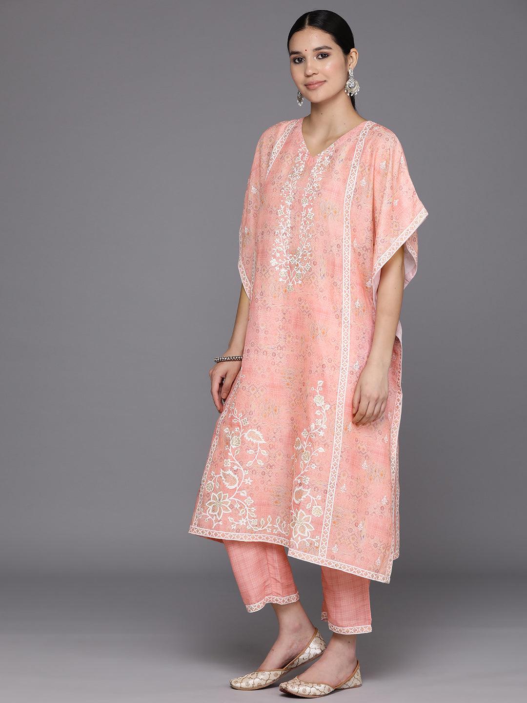 Peach Printed Silk Blend Kaftan Kurta Set With Trousers - Libas 