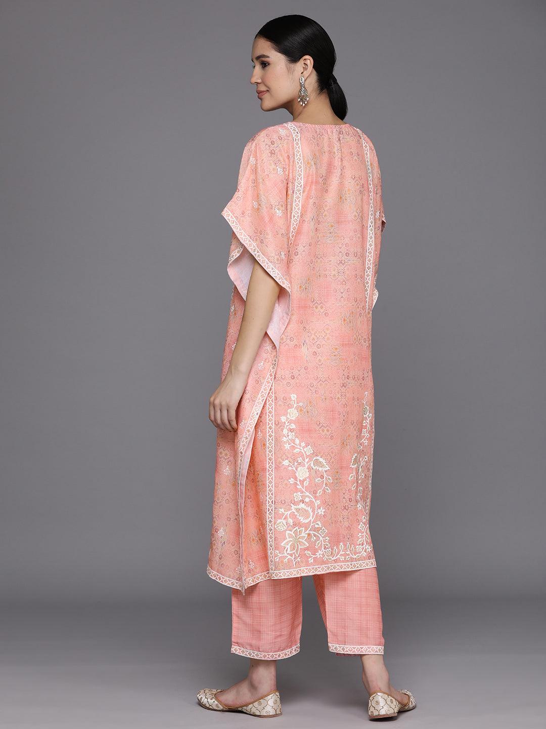 Peach Printed Silk Blend Kaftan Kurta Set With Trousers - Libas