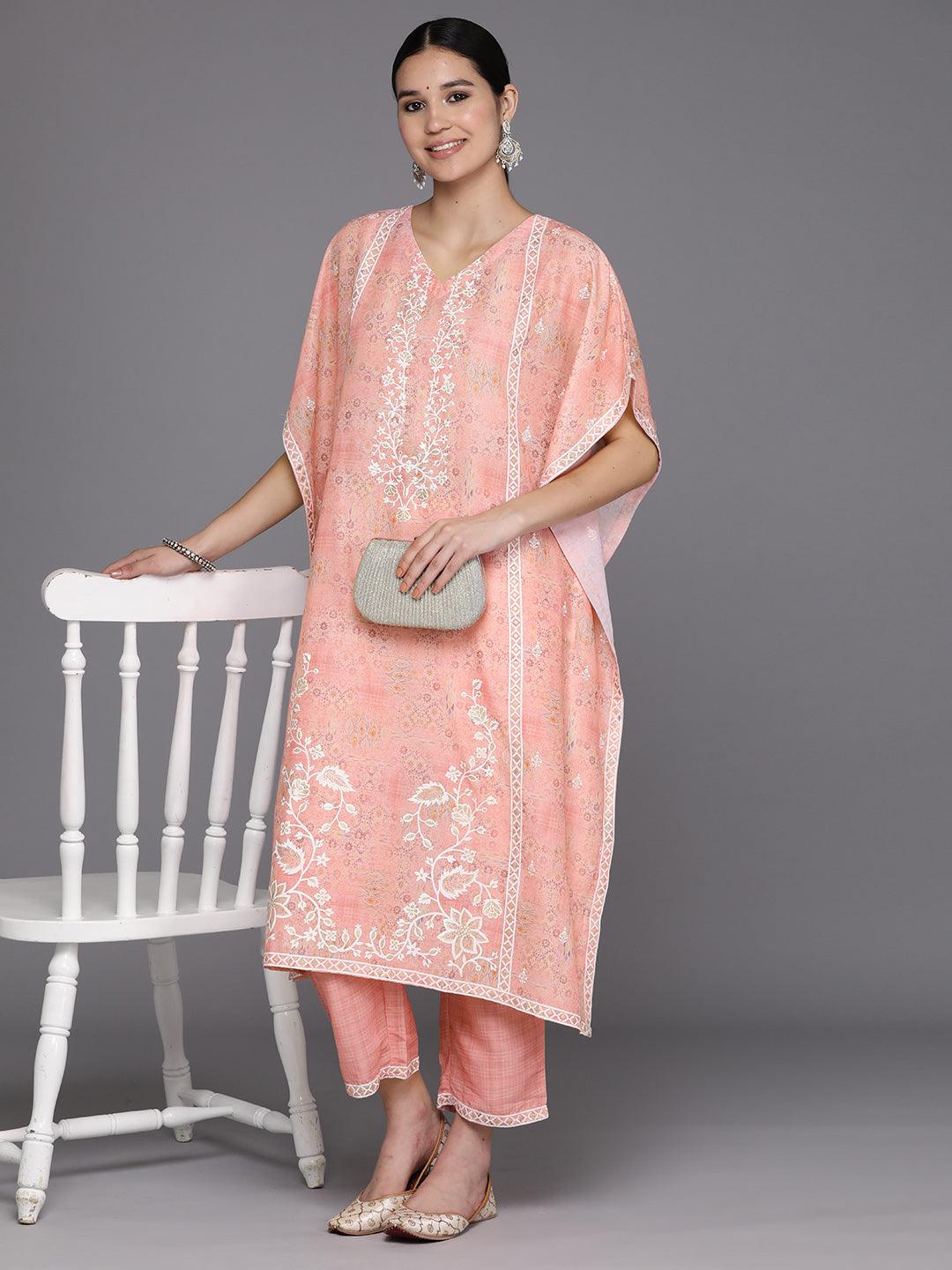 Peach Printed Silk Blend Kaftan Kurta Set With Trousers - Libas 