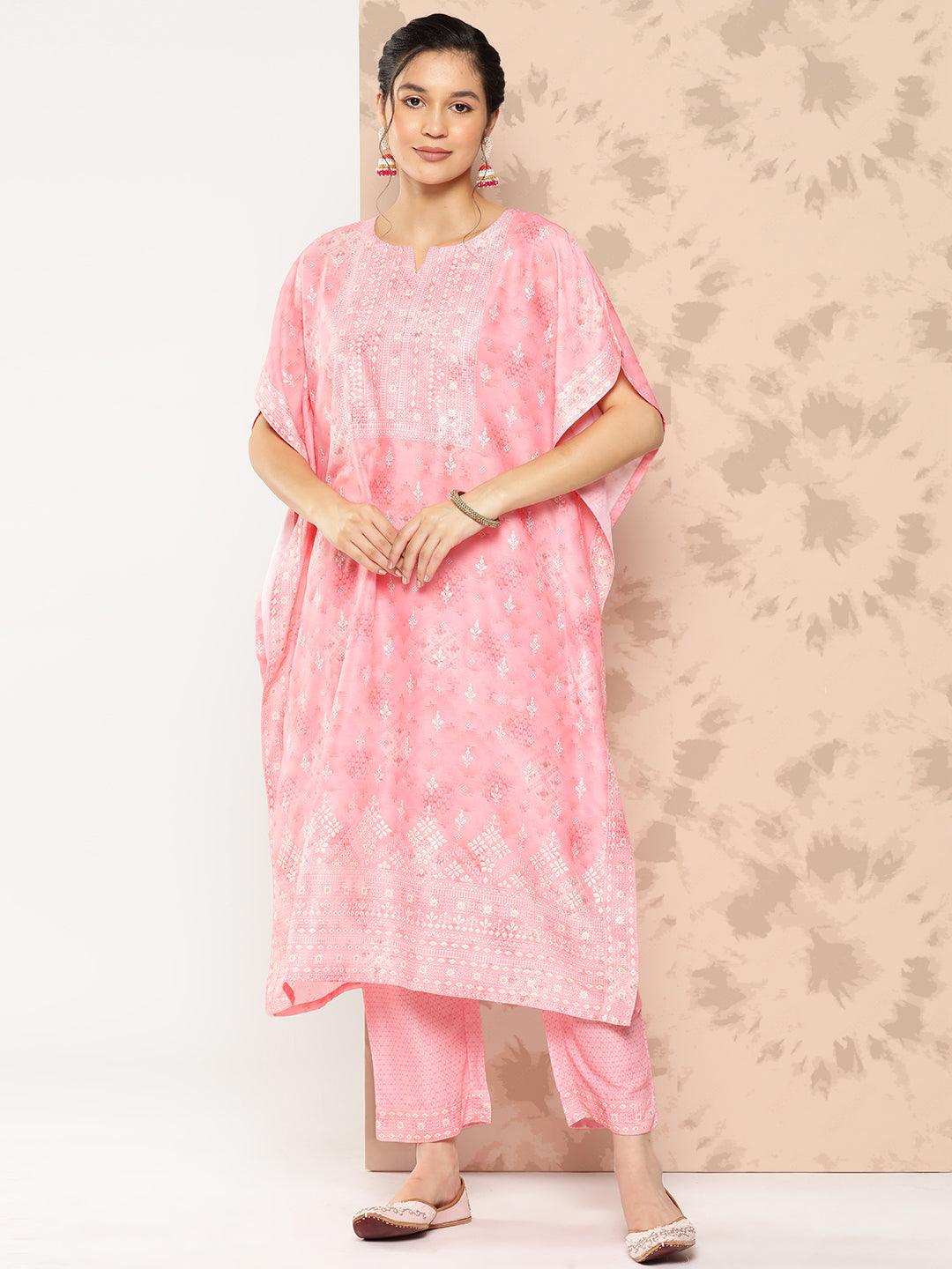 Peach Printed Silk Blend Kaftan Kurta With Trousers - Libas 