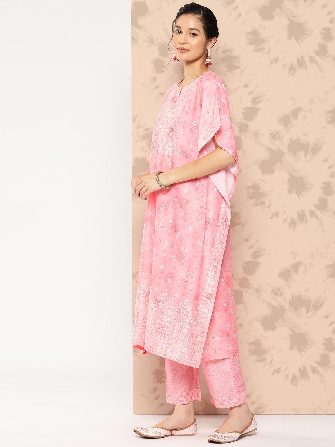 Peach Printed Silk Blend Kaftan Kurta With Trousers - Libas 