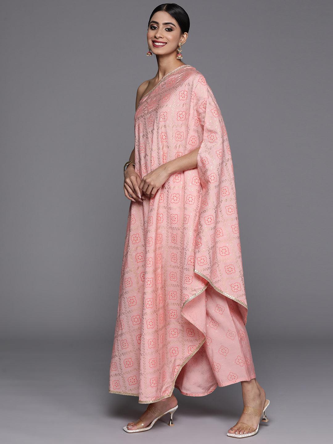 Peach Printed Silk Blend Kaftan Kurta With Trousers - Libas 