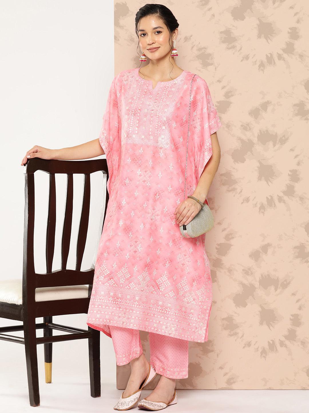 Peach Printed Silk Blend Kaftan Kurta With Trousers - Libas