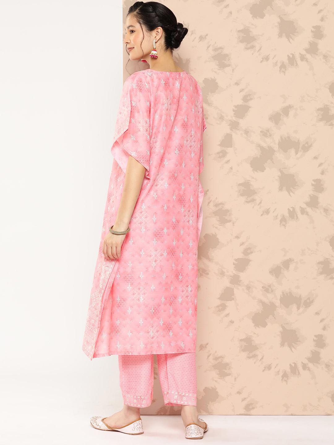 Peach Printed Silk Blend Kaftan Kurta With Trousers - Libas