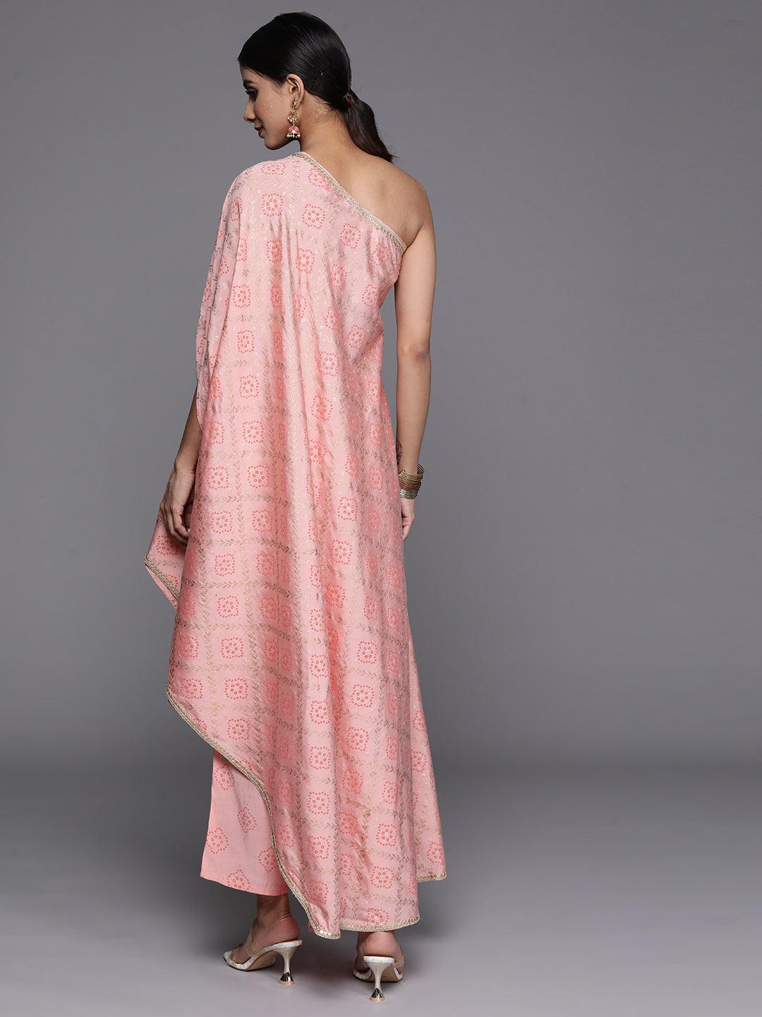 Peach Printed Silk Blend Kaftan Kurta With Trousers - Libas 