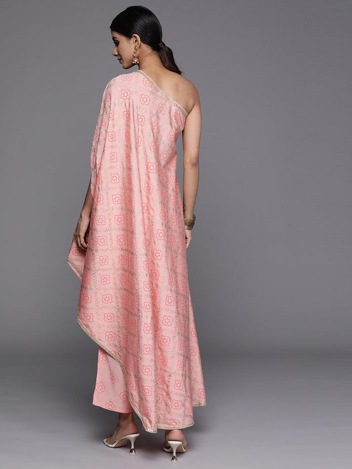 Peach Printed Silk Blend Kaftan Kurta With Trousers - Libas