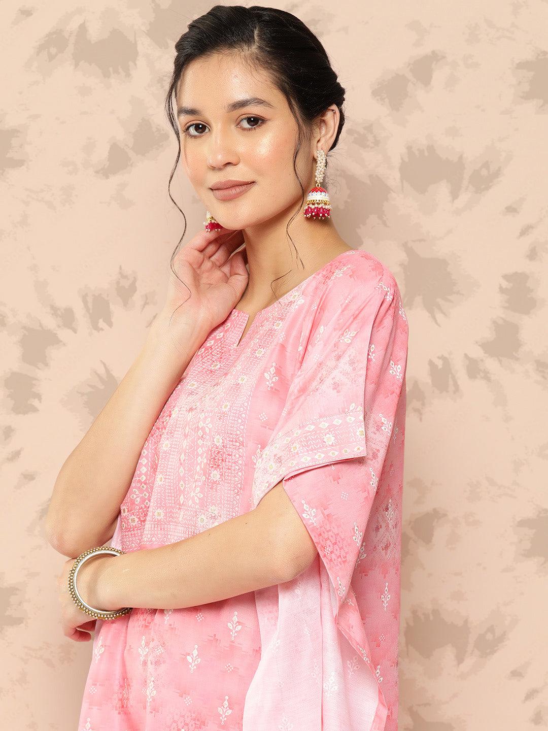 Peach Printed Silk Blend Kaftan Kurta With Trousers - Libas