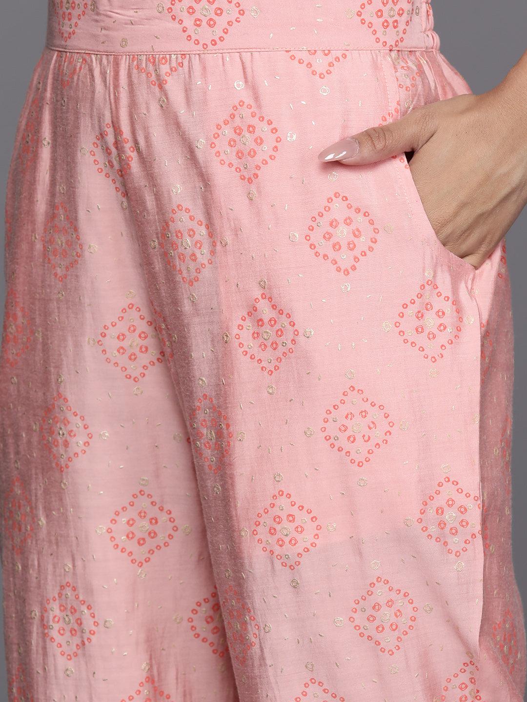 Peach Printed Silk Blend Kaftan Kurta With Trousers - Libas 