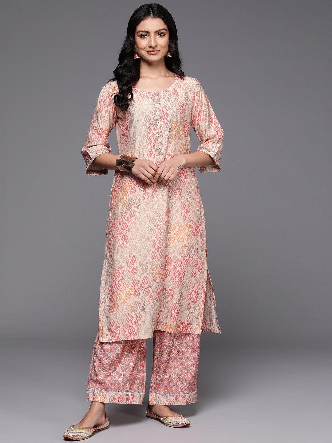 Peach Printed Silk Blend Straight Kurta With Palazzos - Libas