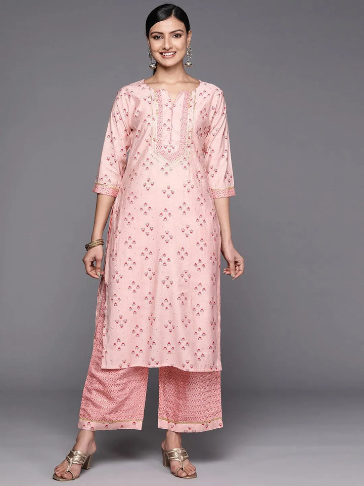 Peach Printed Silk Blend Straight Kurta Set With Palazzos - Libas