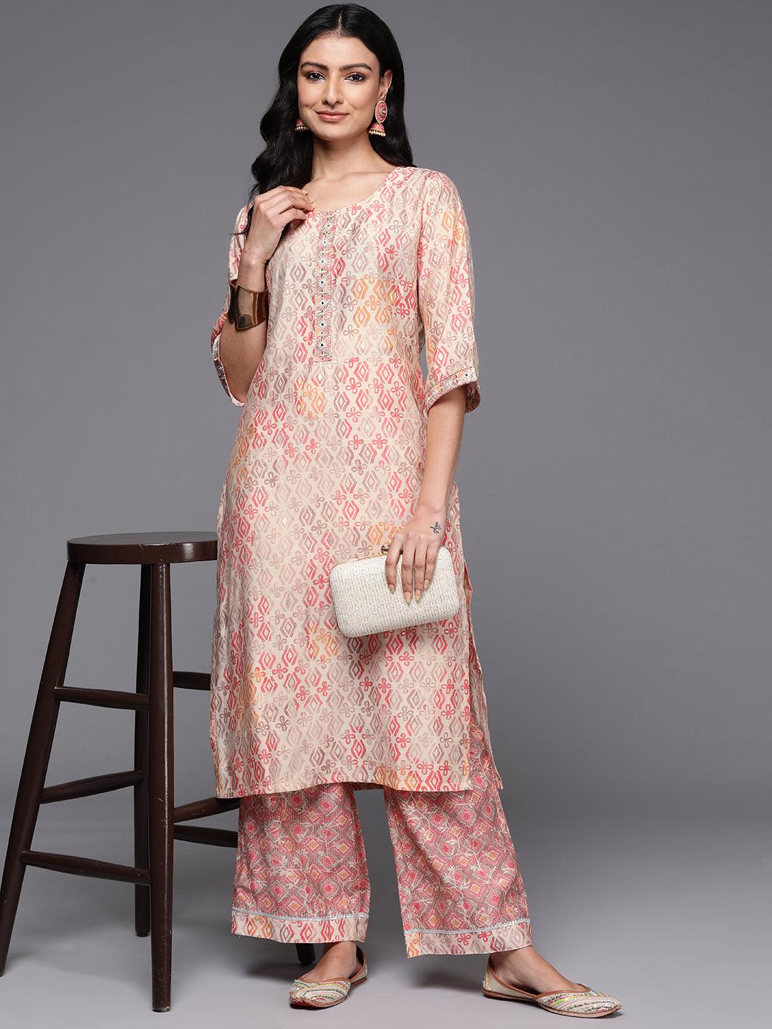 Peach Printed Silk Blend Straight Kurta With Palazzos - Libas 