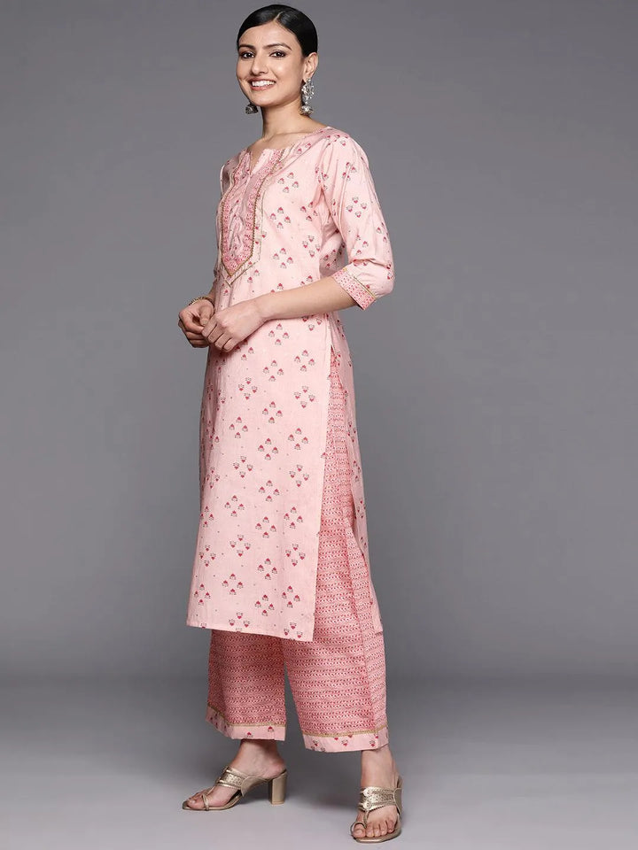 Peach Printed Silk Blend Straight Kurta Set With Palazzos - Libas