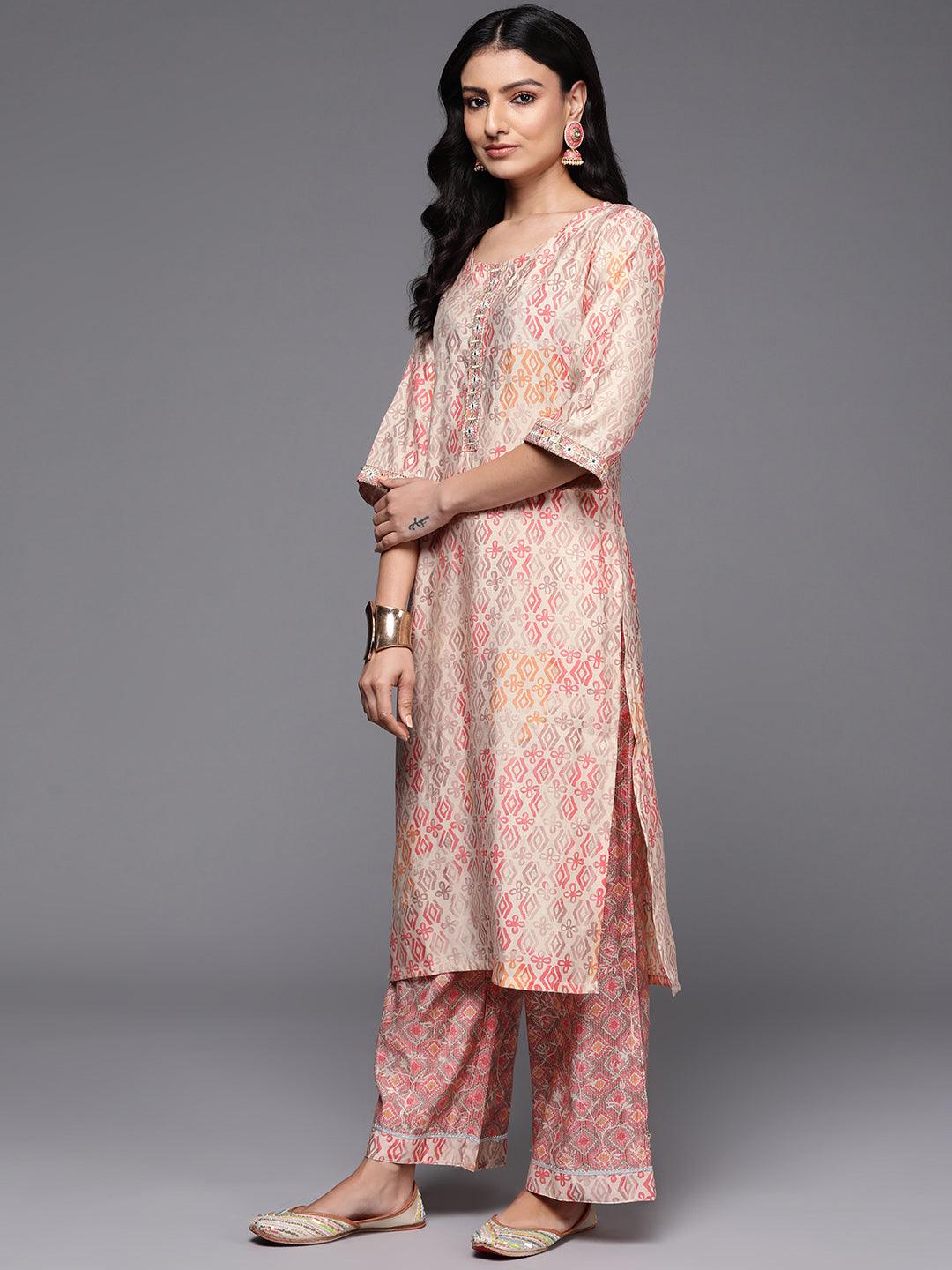 Peach Printed Silk Blend Straight Kurta With Palazzos - Libas 