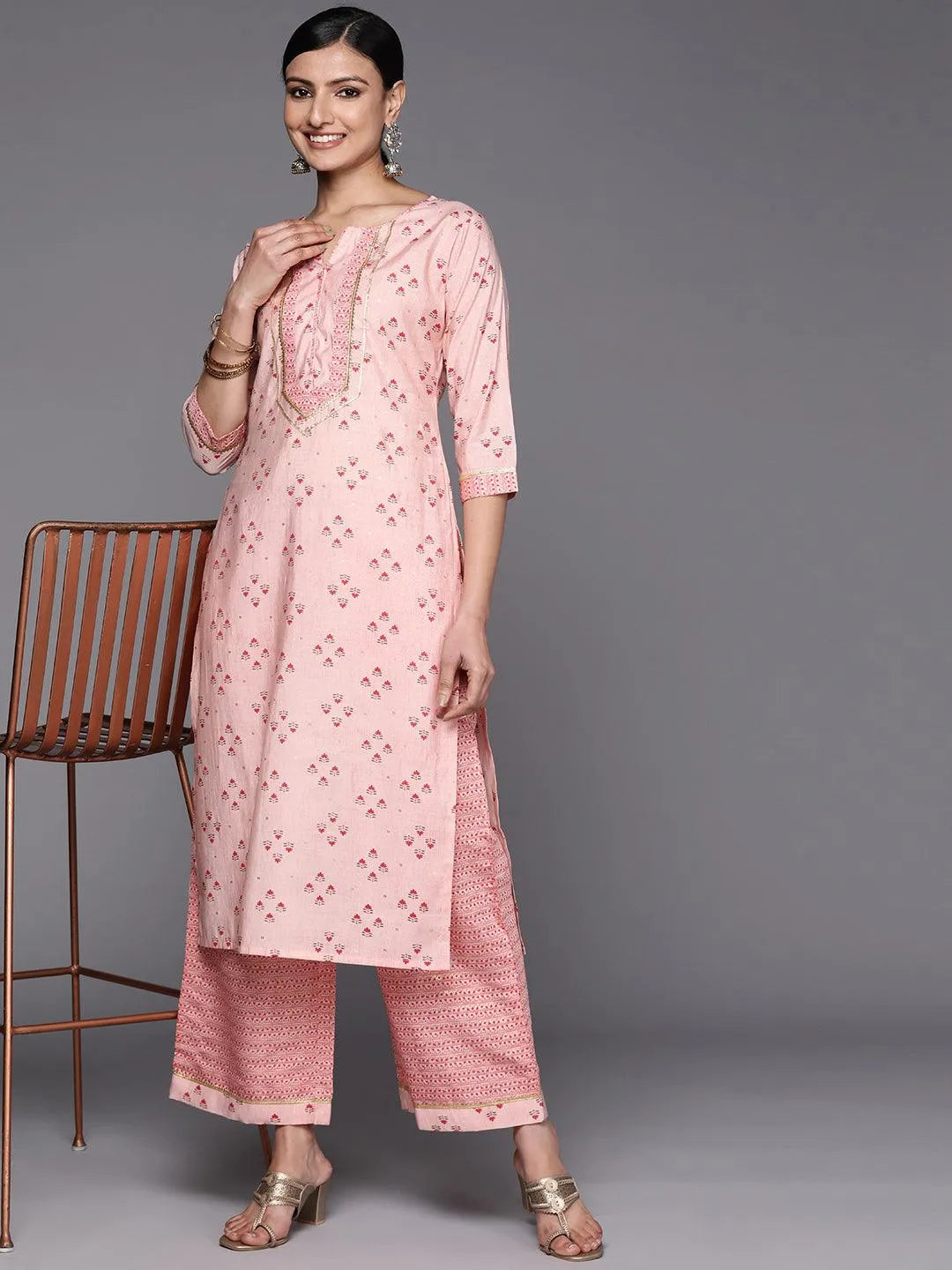 Peach Printed Silk Blend Straight Kurta Set With Palazzos - Libas