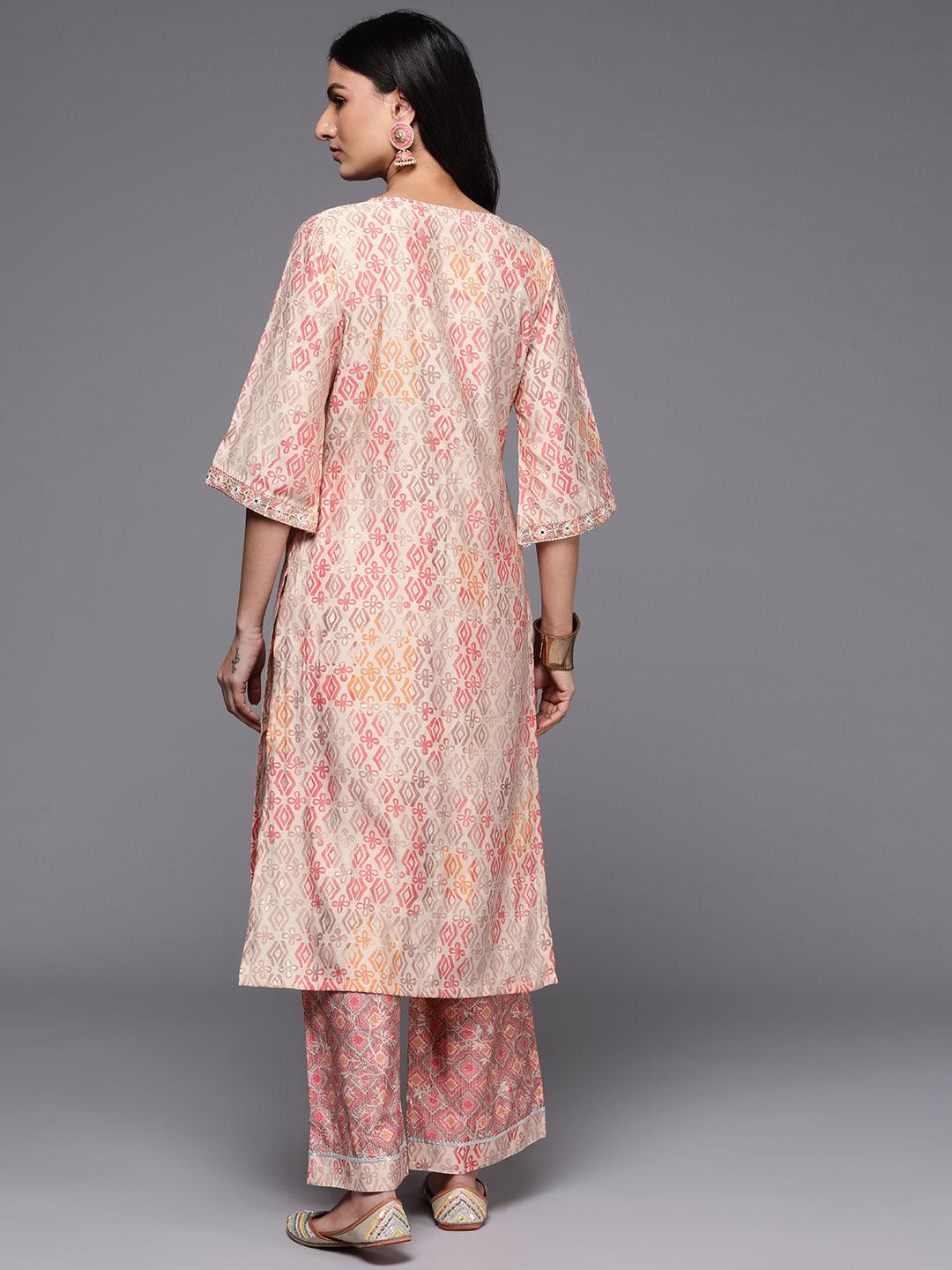 Peach Printed Silk Blend Straight Kurta With Palazzos - Libas 