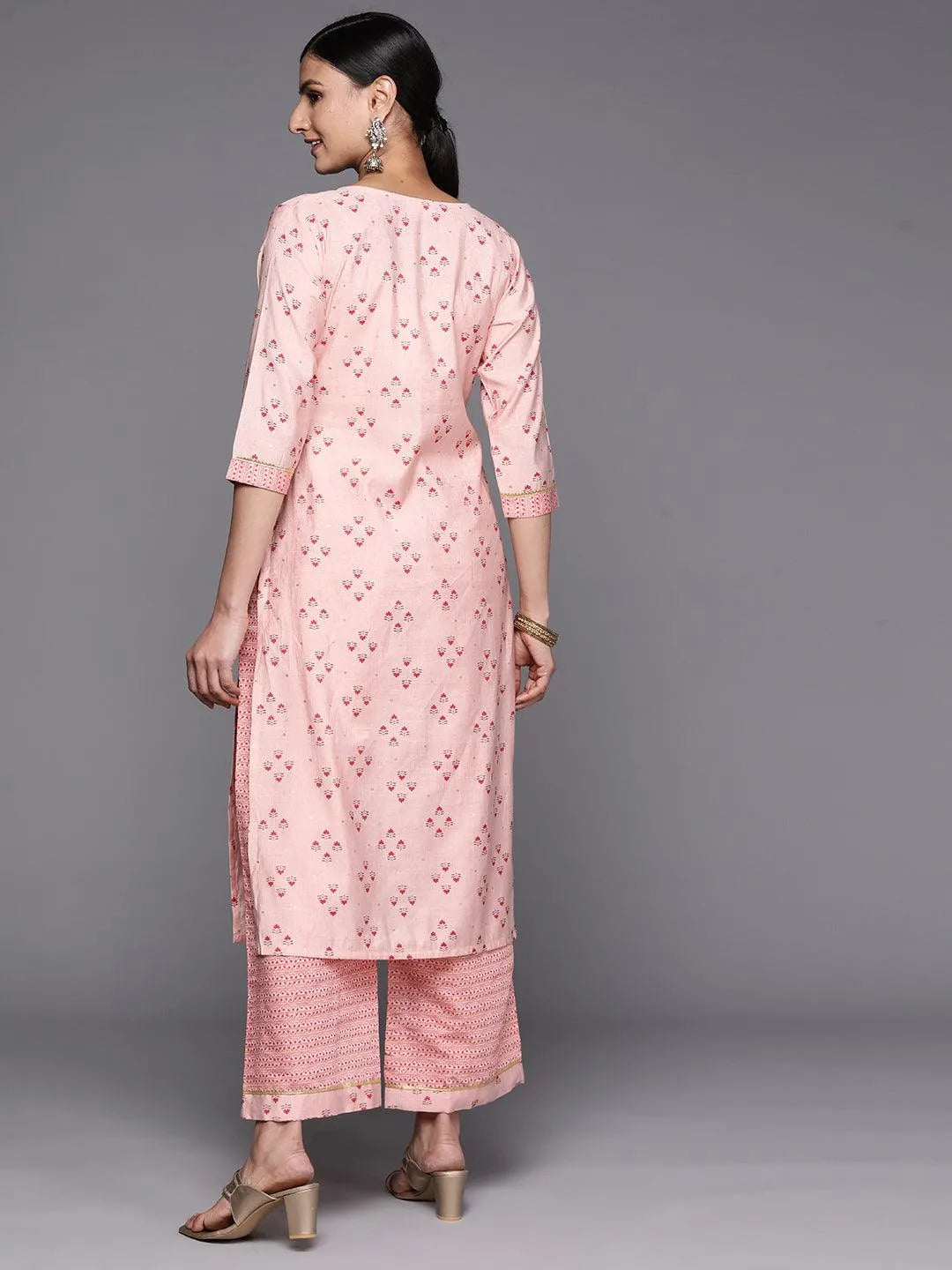 Peach Printed Silk Blend Straight Kurta Set With Palazzos - Libas