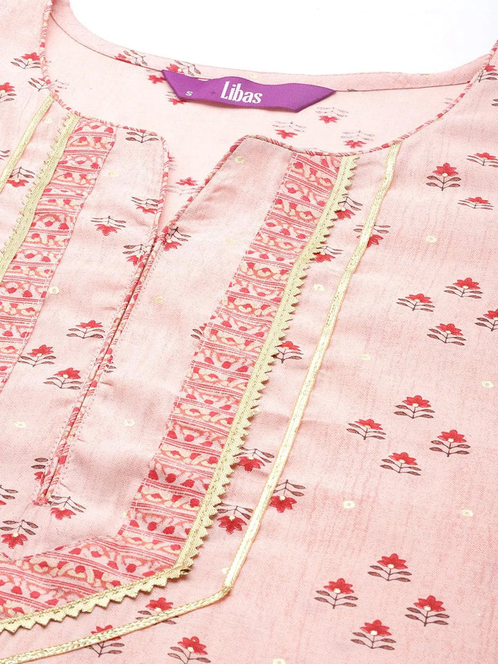 Peach Printed Silk Blend Straight Kurta Set With Palazzos - Libas