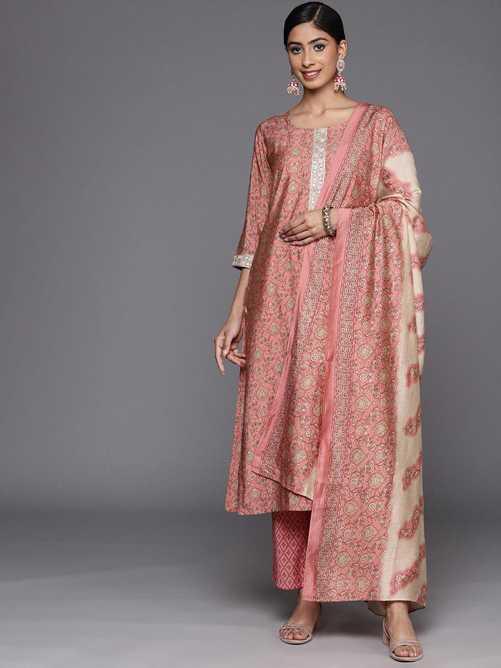 Peach Printed Silk Blend Straight Suit Set With Trousers - Libas