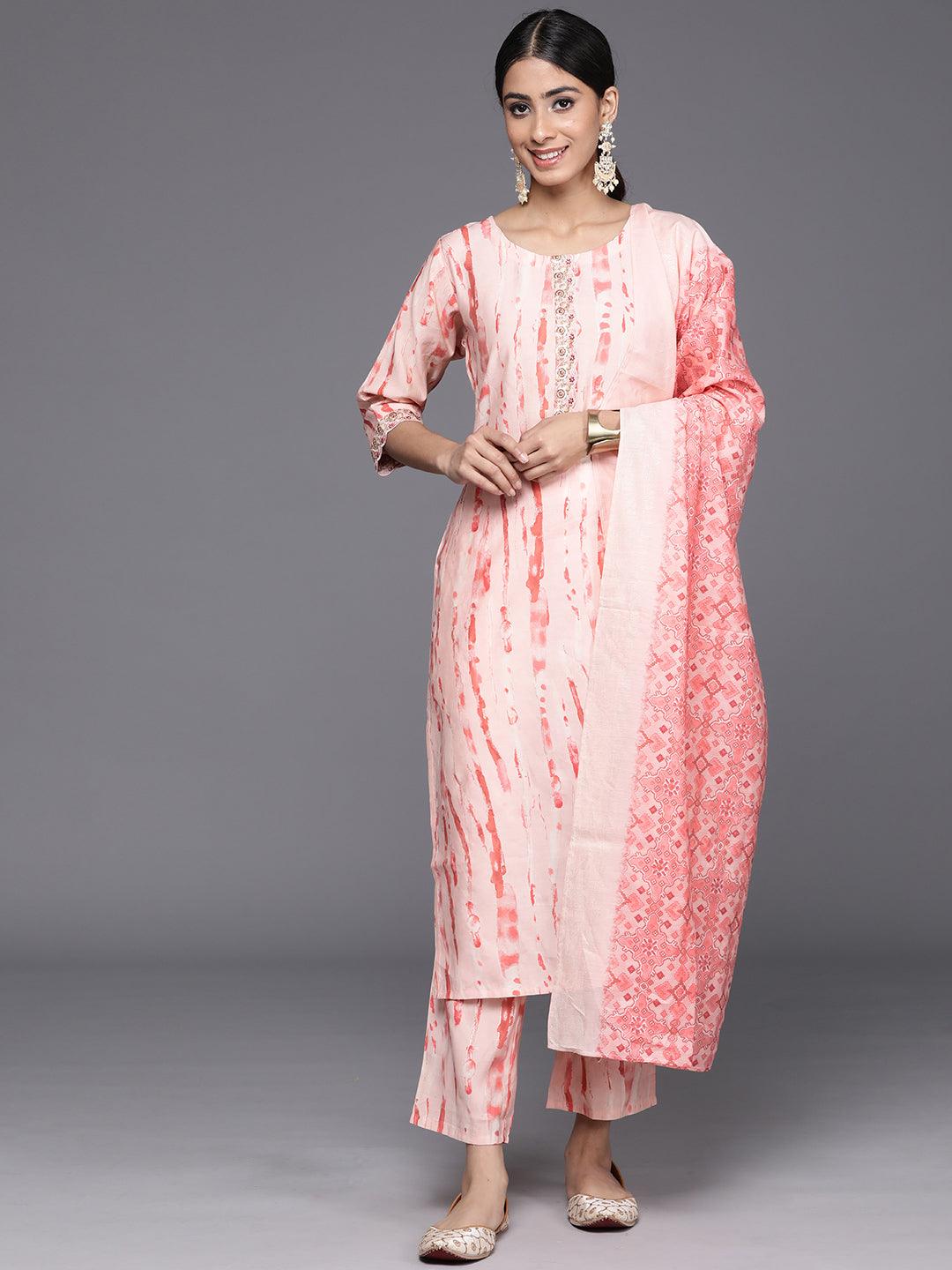 Peach Printed Silk Blend Straight Kurta With Trousers & Dupatta - Libas 