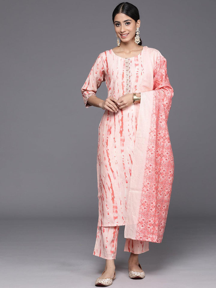 Peach Printed Silk Blend Straight Kurta With Trousers & Dupatta - Libas