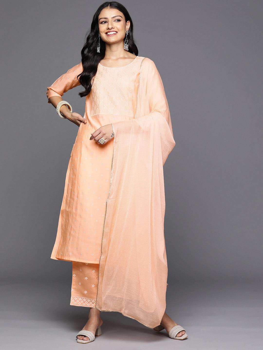 Peach Printed Silk Blend Straight Kurta With Trousers & Dupatta - Libas