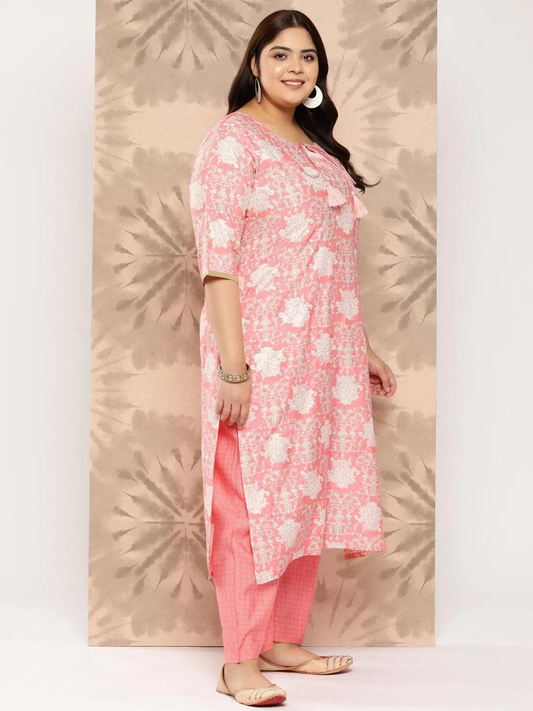 Peach Printed Silk Blend Straight Kurta With Trousers and Dupatta - Libas