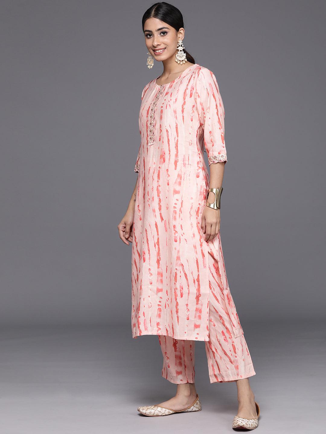 Peach Printed Silk Blend Straight Kurta With Trousers & Dupatta - Libas 