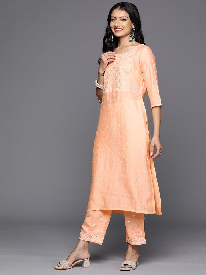 Peach Printed Silk Blend Straight Kurta With Trousers & Dupatta - Libas