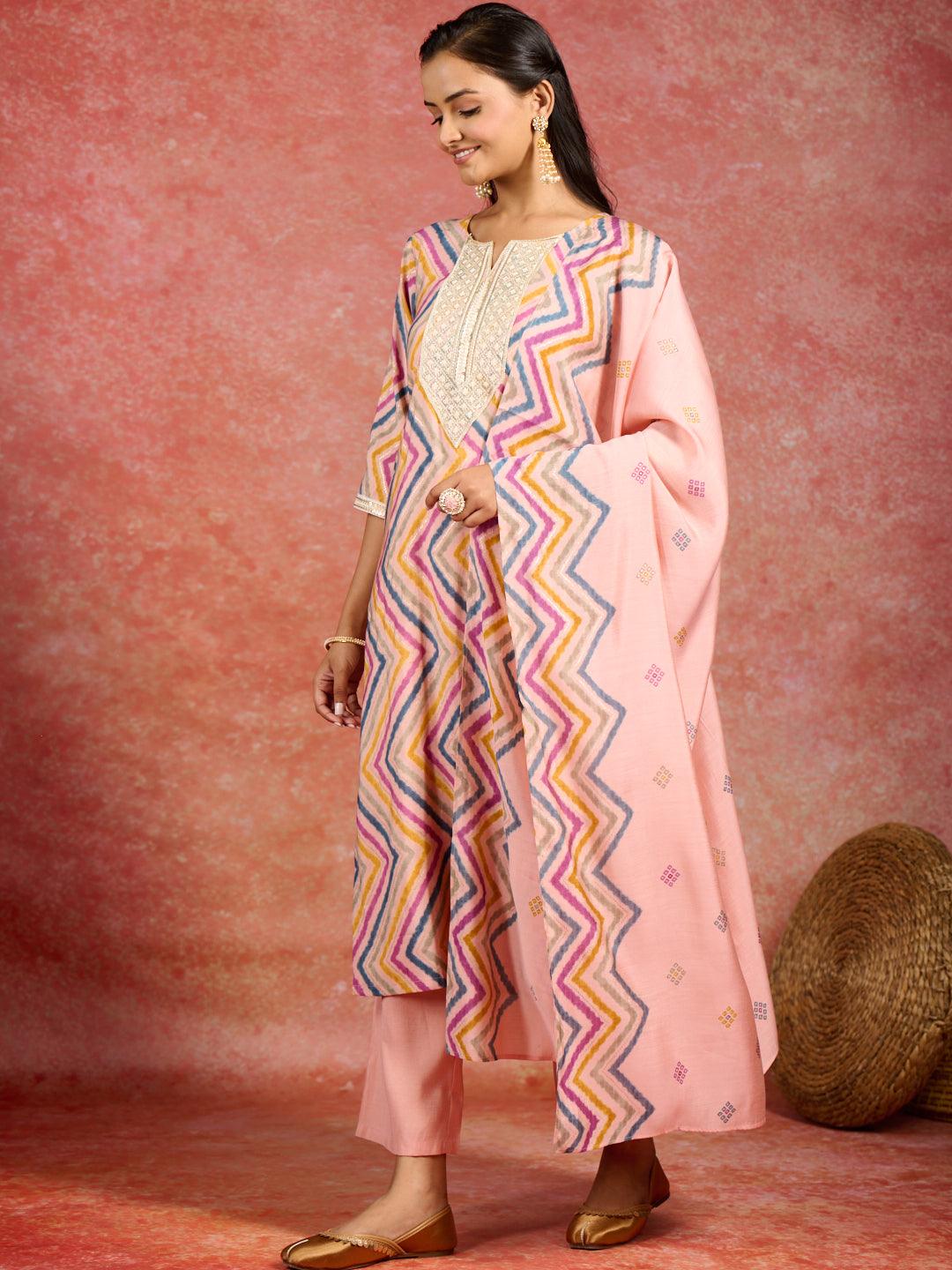 Peach Printed Silk Blend Straight Kurta With Trousers & Dupatta - Libas 