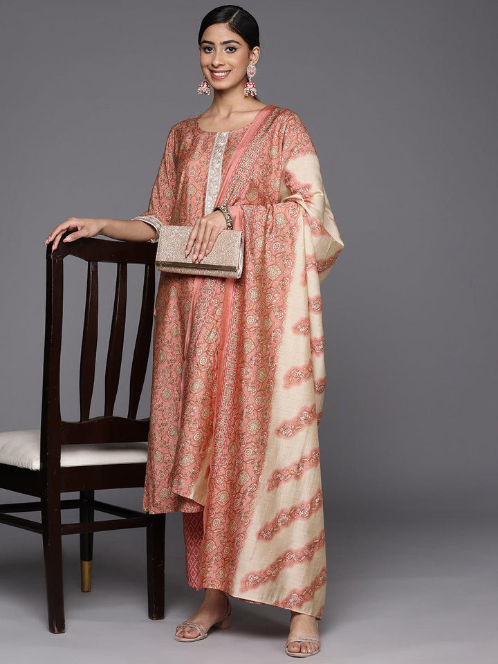 Peach Printed Silk Blend Straight Suit Set With Trousers - Libas