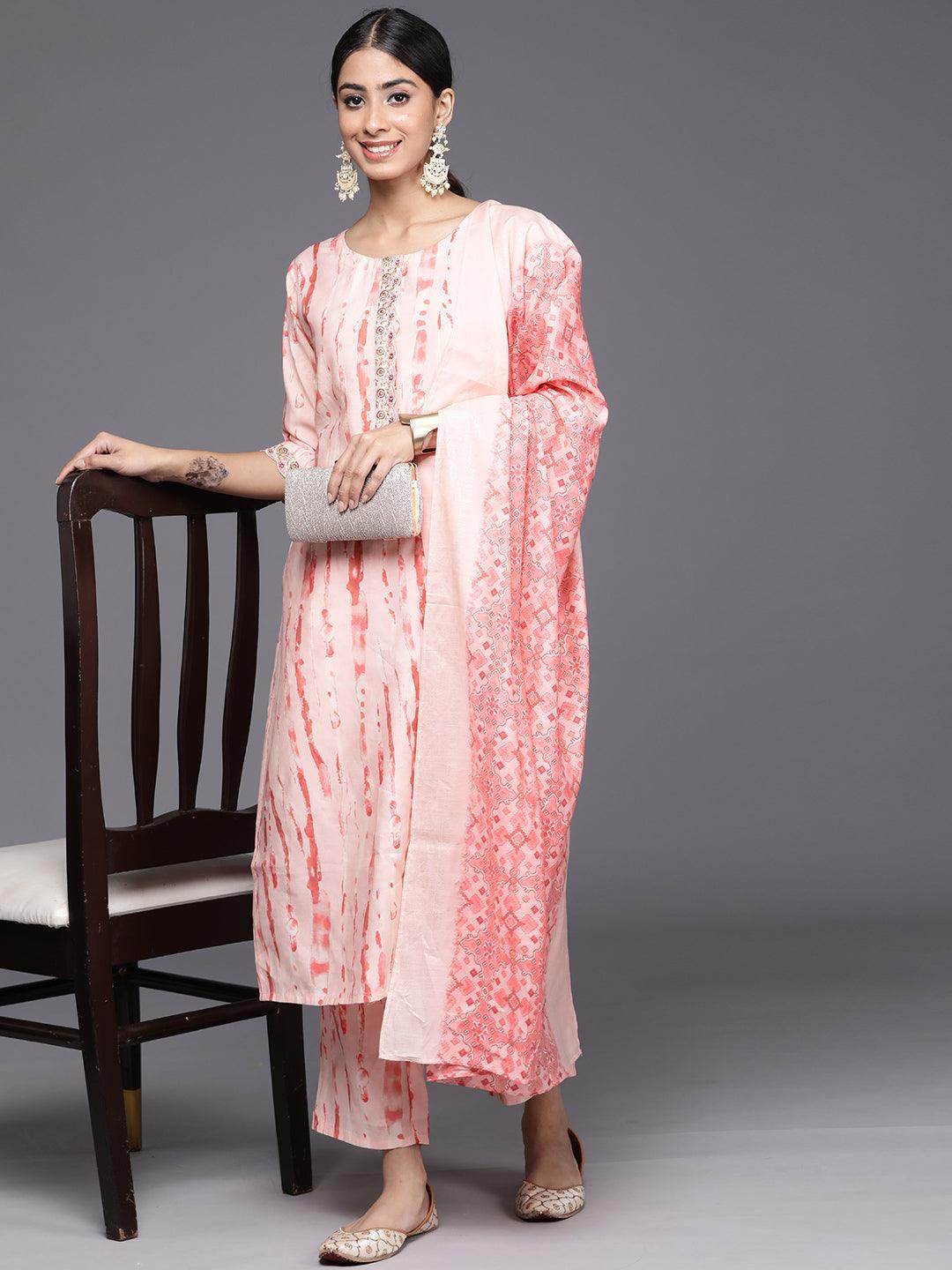 Peach Printed Silk Blend Straight Kurta With Trousers & Dupatta - Libas 