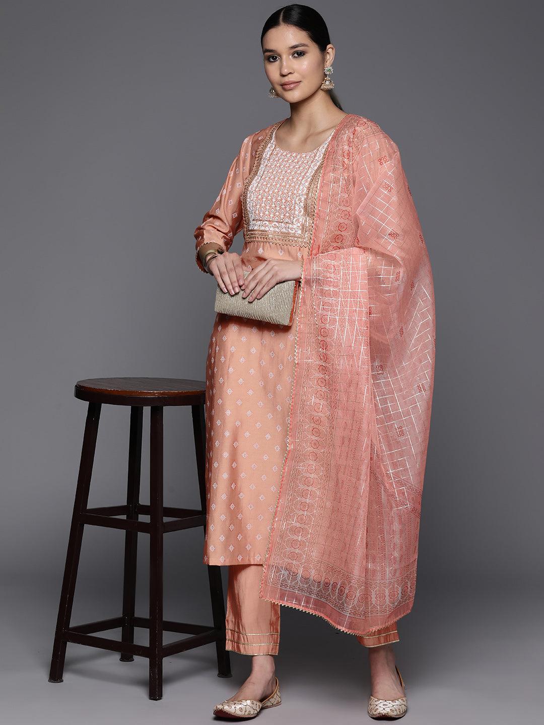 Peach Printed Silk Blend Straight Kurta With Trousers & Dupatta - Libas