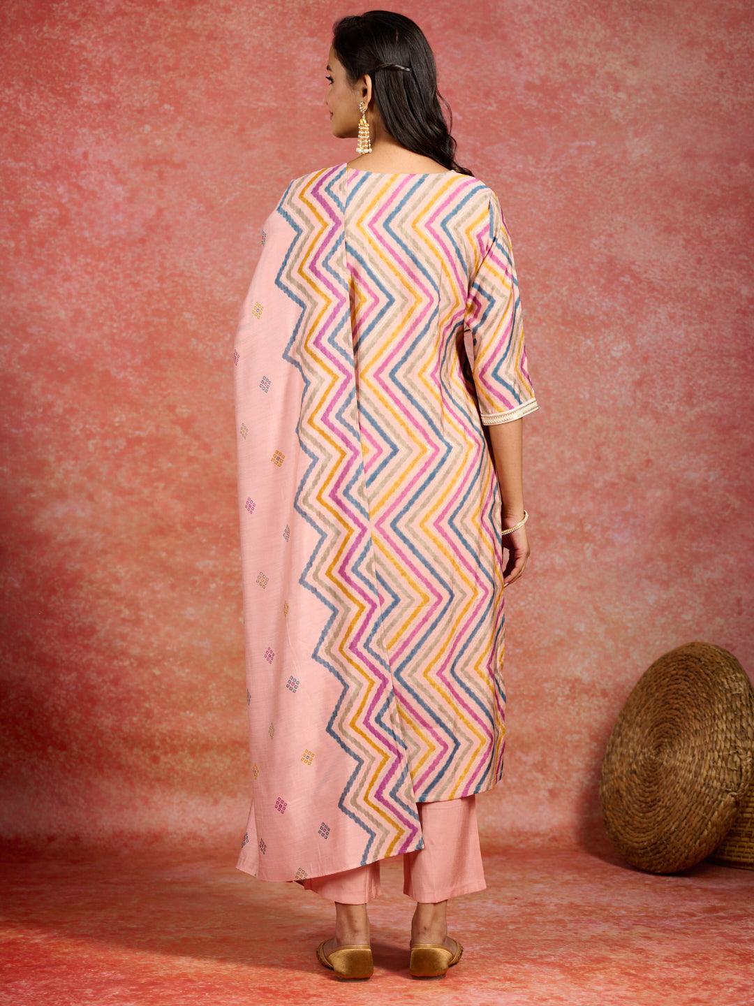 Peach Printed Silk Blend Straight Kurta With Trousers & Dupatta - Libas 