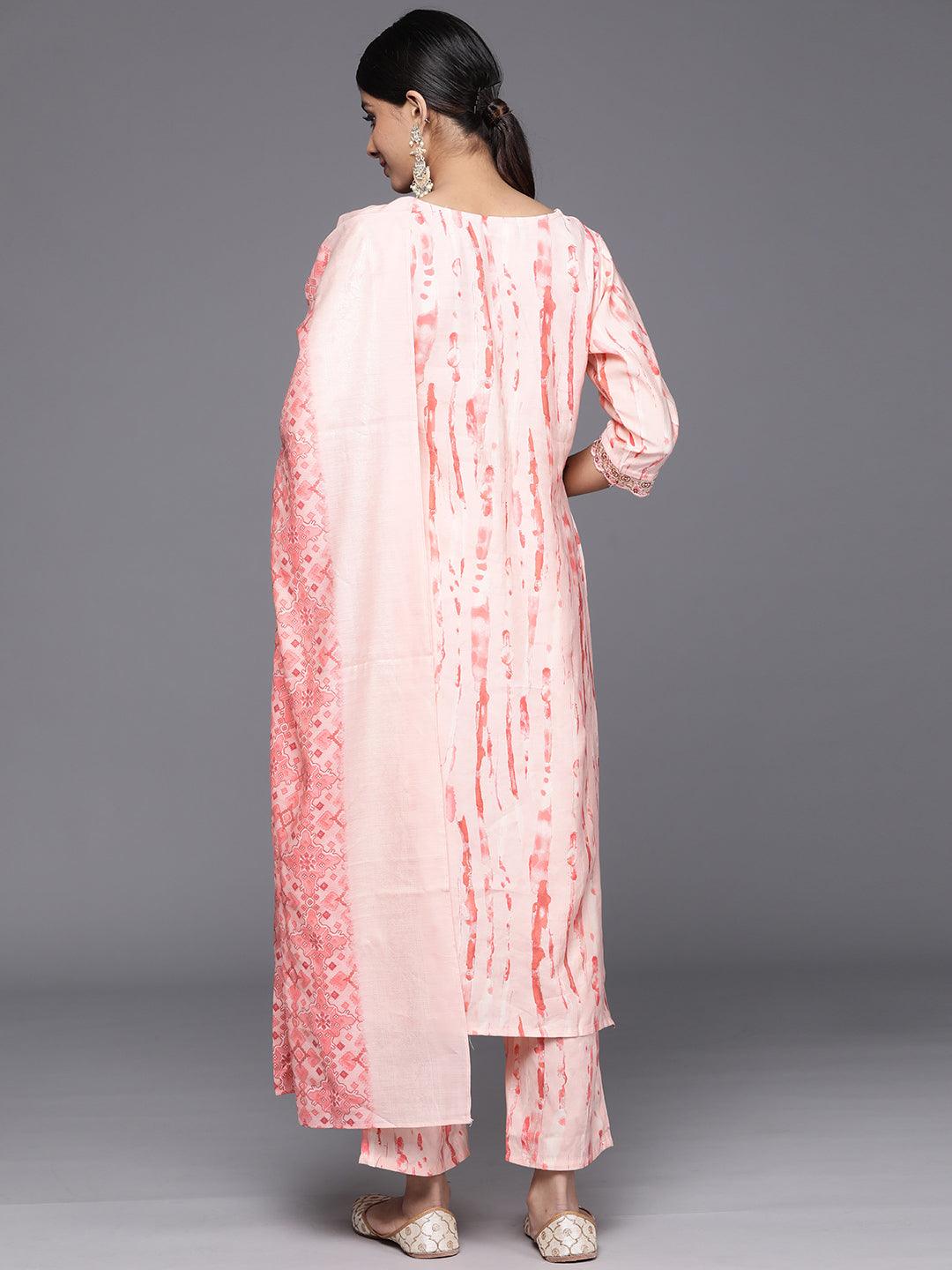 Peach Printed Silk Blend Straight Kurta With Trousers & Dupatta - Libas 