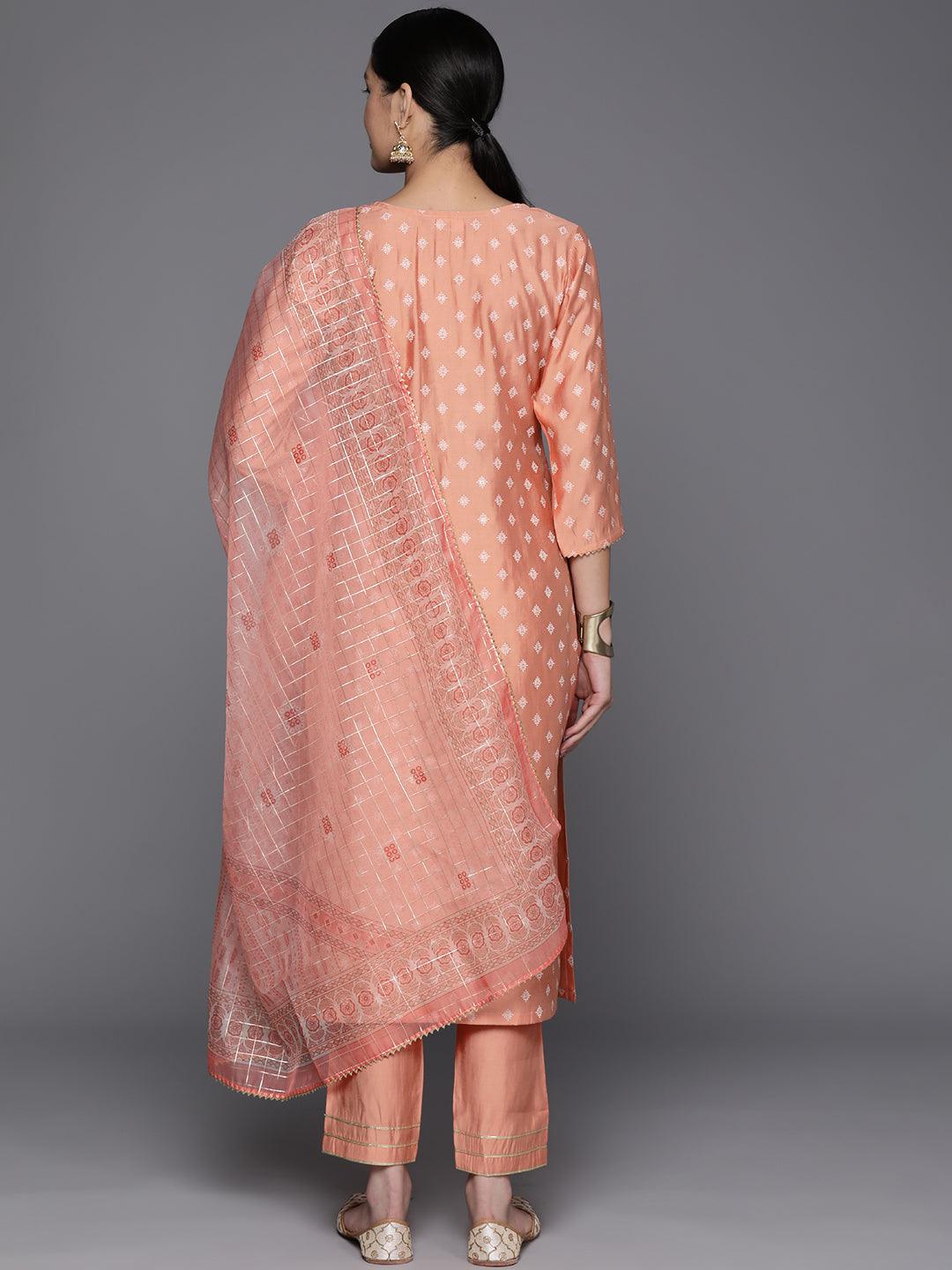 Peach Printed Silk Blend Straight Kurta With Trousers & Dupatta - Libas