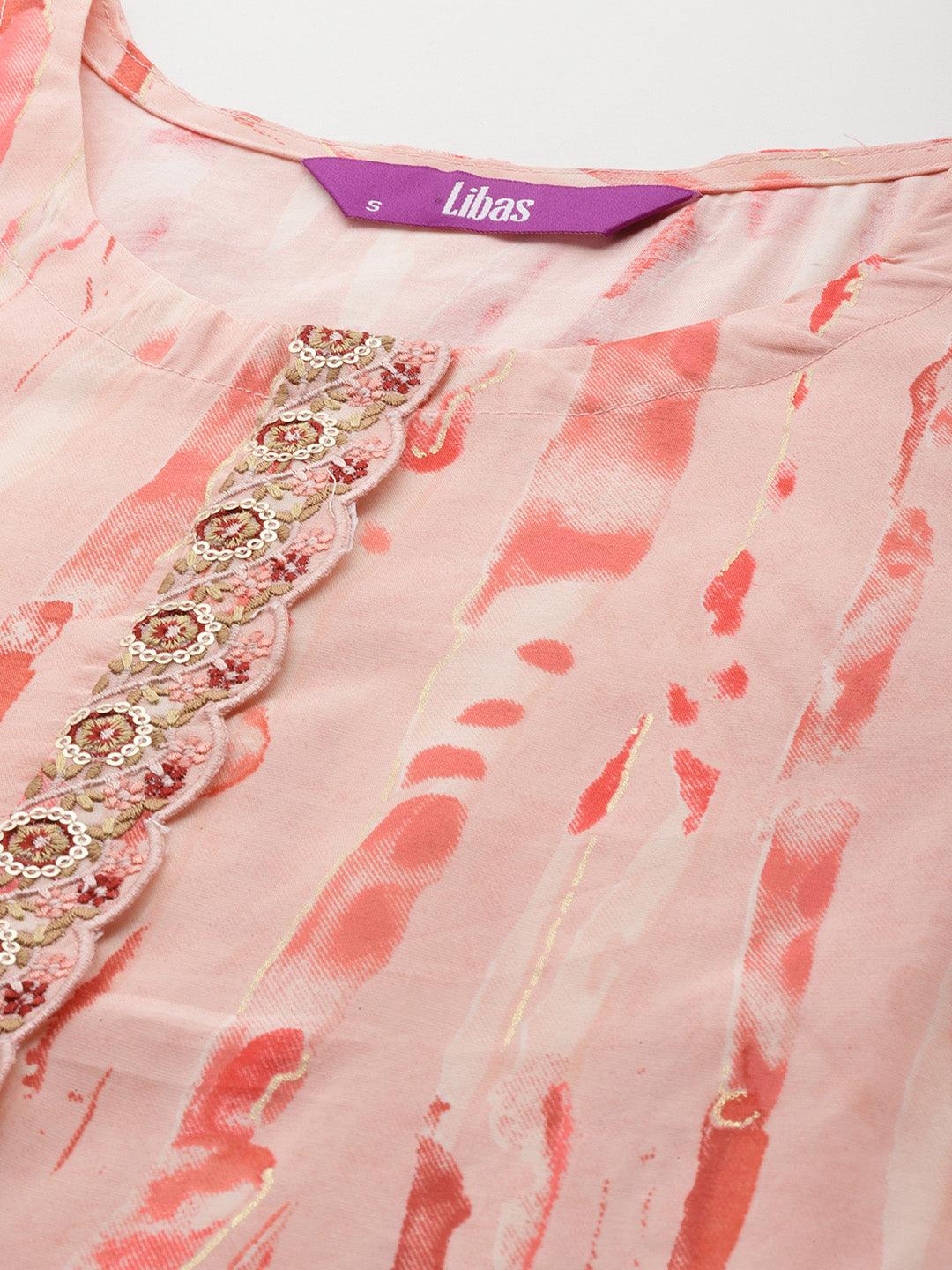 Peach Printed Silk Blend Straight Kurta With Trousers & Dupatta - Libas 