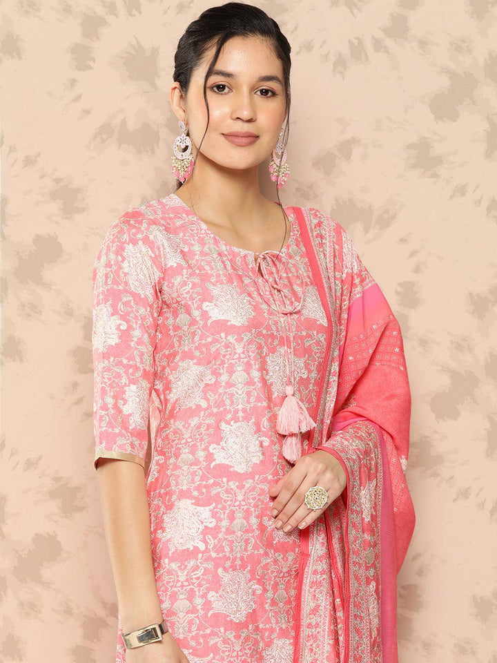 Peach Printed Silk Blend Straight Kurta With Trousers and Dupatta - Libas