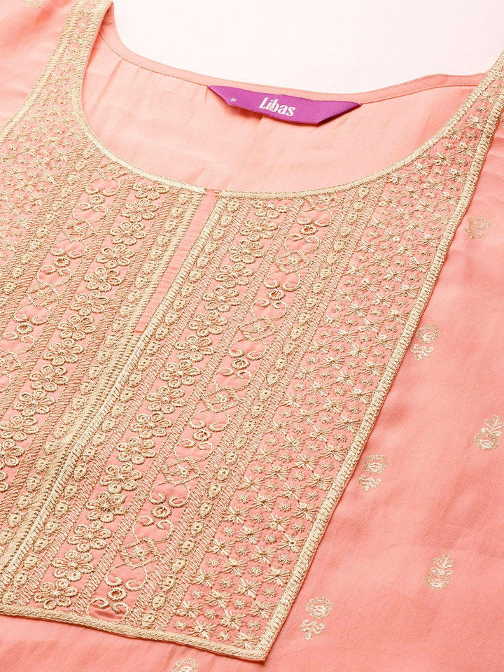 Peach Printed Silk Blend Straight Kurta With Trousers & Dupatta - Libas