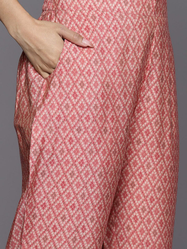 Peach Printed Silk Blend Straight Suit Set With Trousers - Libas