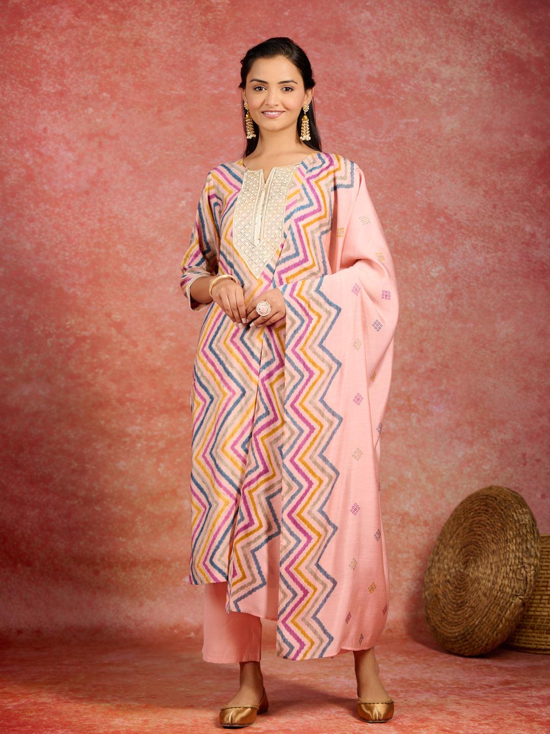 Peach Printed Silk Blend Straight Kurta With Trousers & Dupatta - Libas 