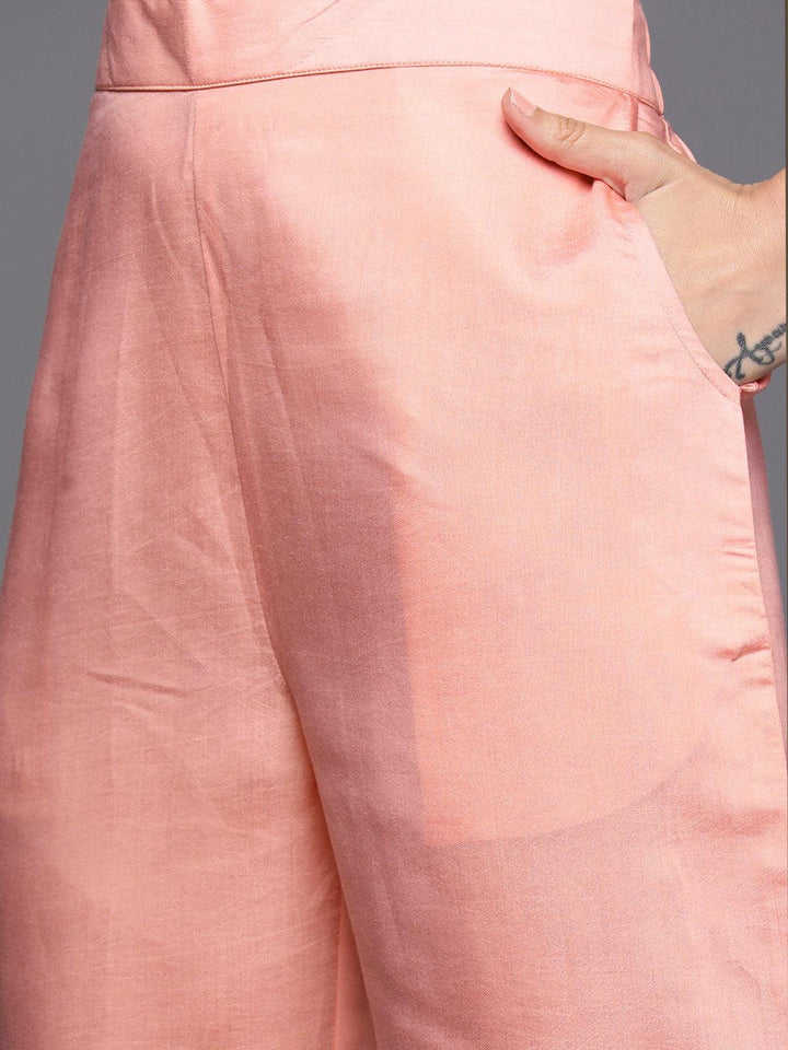 Peach Printed Silk Blend Straight Kurta With Trousers & Dupatta - Libas