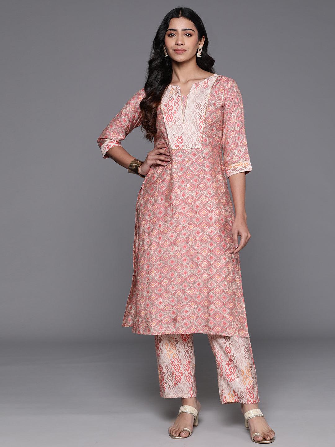 Peach Printed Silk Blend Straight Kurta With Trousers - Libas