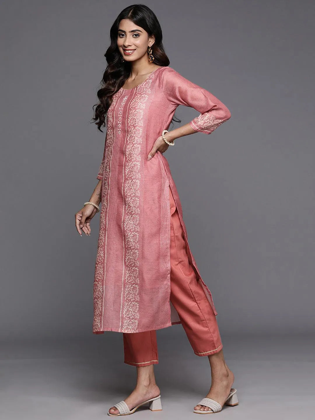 Peach Printed Silk Blend Straight Kurta With Trousers - Libas