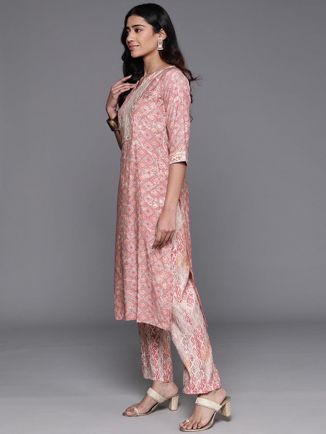 Peach Printed Silk Blend Straight Kurta With Trousers - Libas 